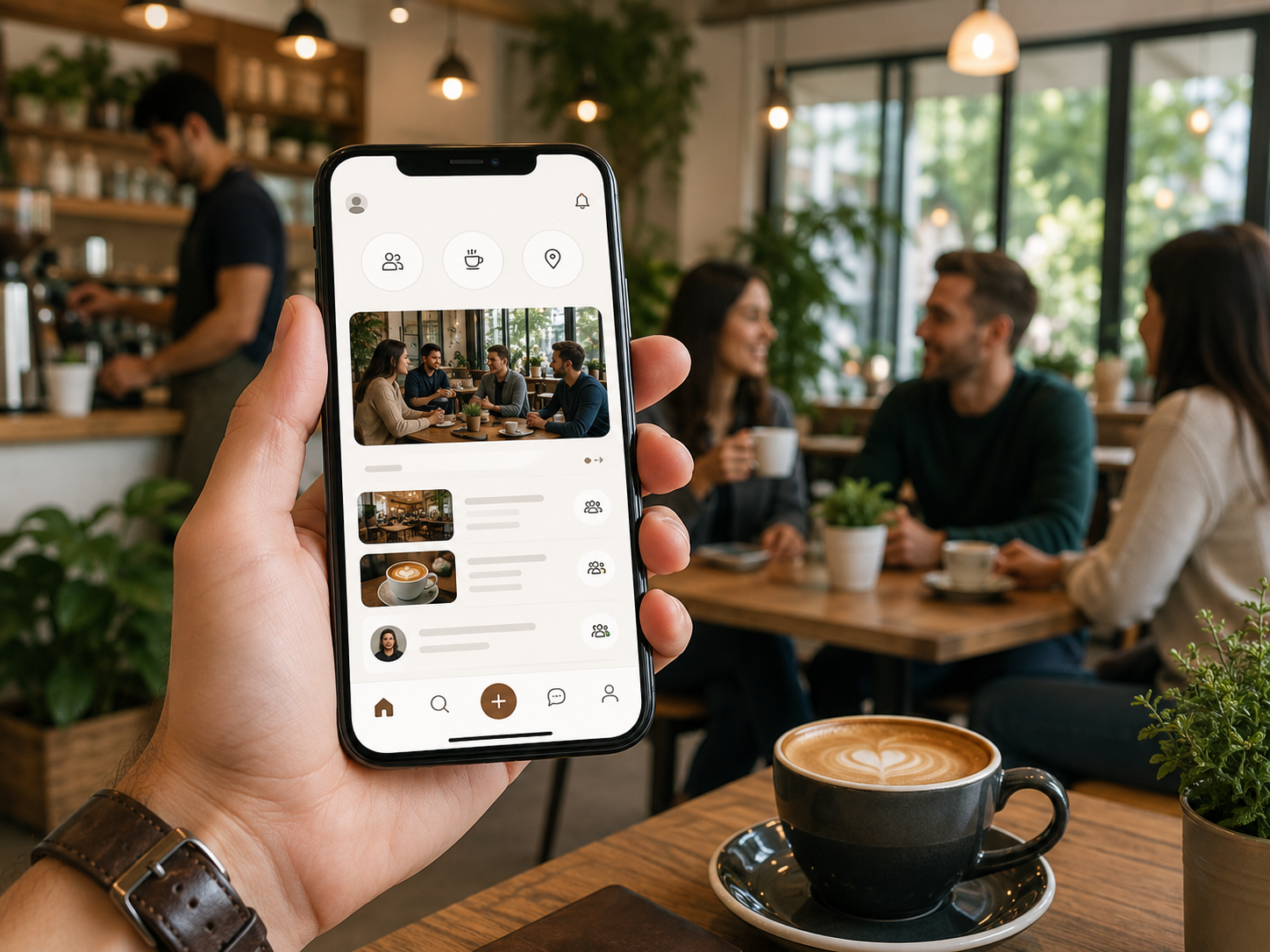 Coffee meetup app interface in a cozy cafe setting