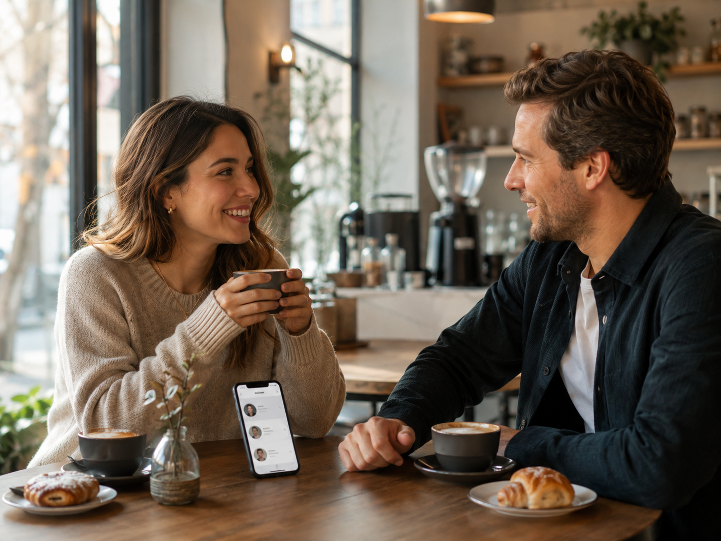 Two people meeting for coffee in a relaxed cafe setting